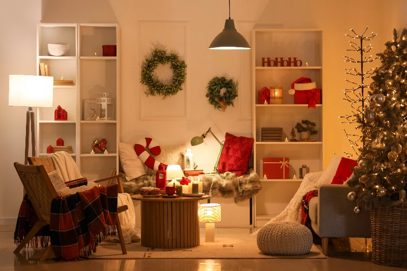 A cozy living room decorated for Christmas, featuring a lit tree, wreaths on the wall, red and white pillows, warm lighting, candles, and shelves with festive ornaments and gifts.