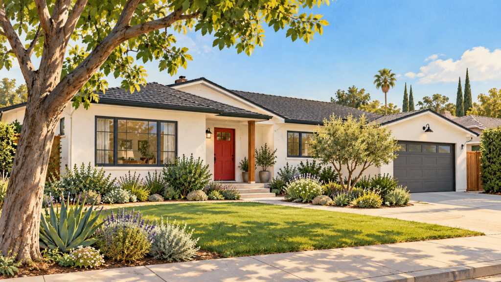 Illustration of a single-story California home with a yard.