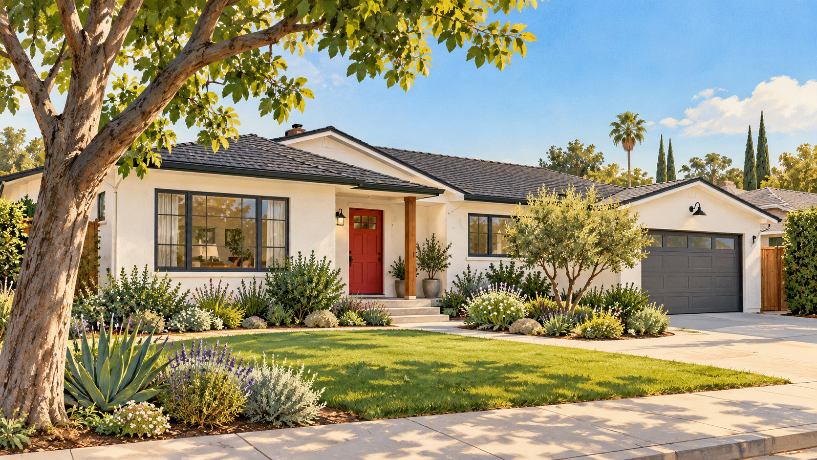 Illustration of a single-story California home with a yard.