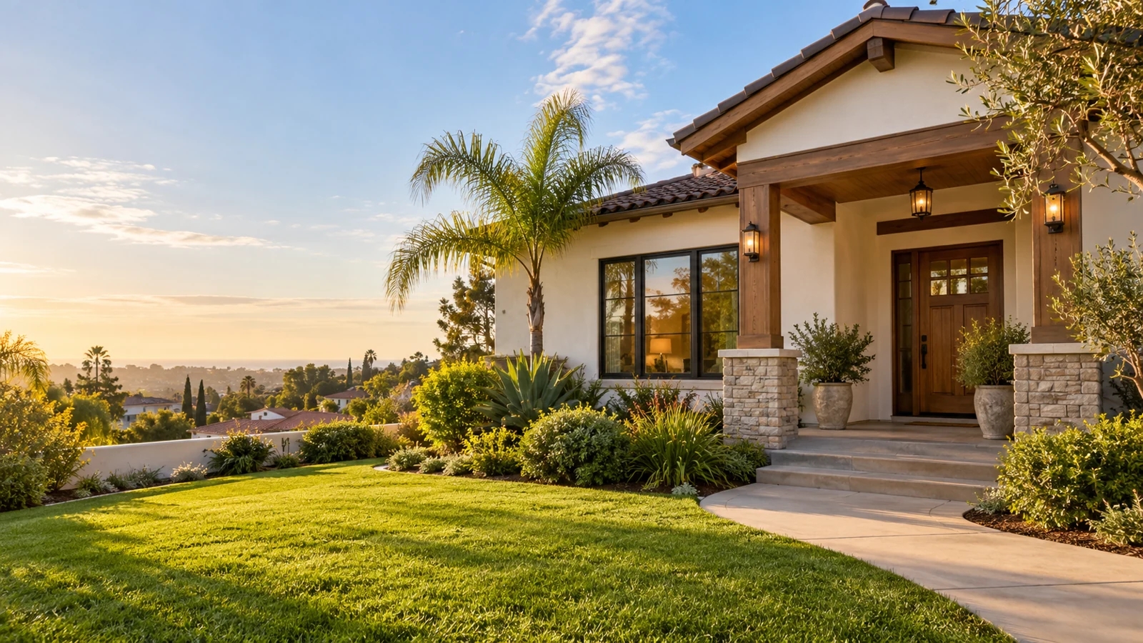 A single-story stucco house with a wooden front porch and stone pillars, overlooking a suburban valley at sunset.